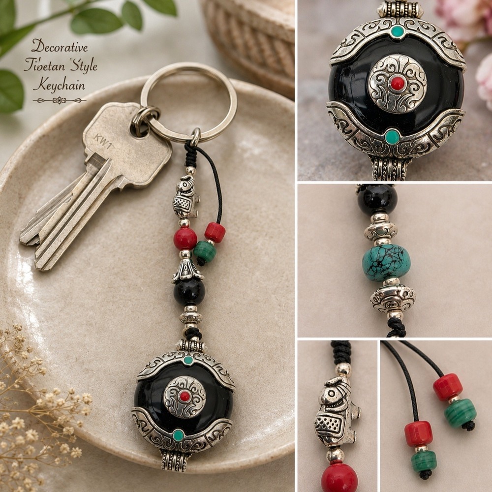 Tibetan Style Charm Keychain Silver Tone Black Red Turquoise Boho Bead